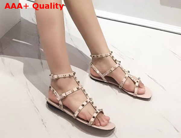 Valentino Rockstud Sandal in Beige Calfskin Leather with Gold Hardware Replica