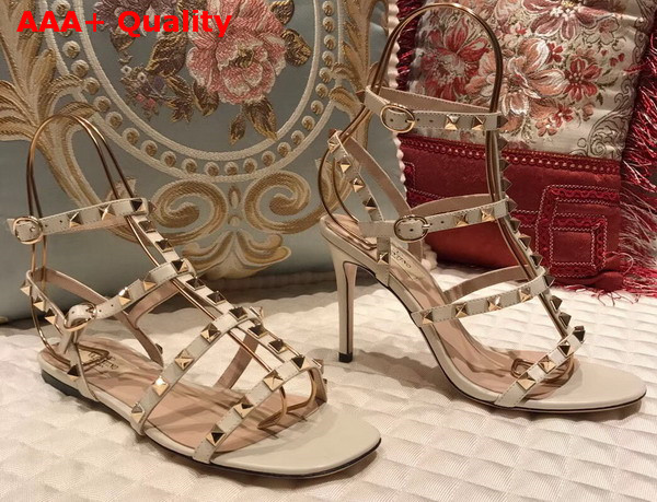 Valentino Rockstud Sandal in Beige Calfskin Leather with Gold Hardware Replica