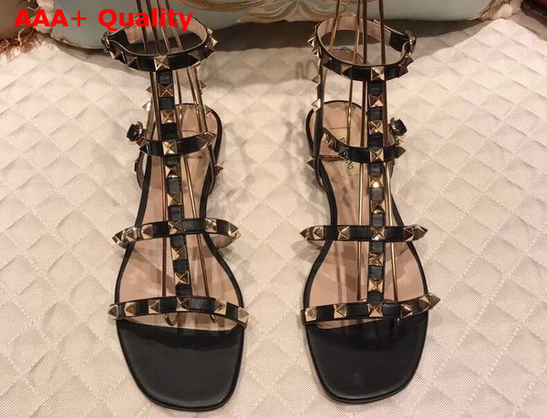 Valentino Rockstud Sandal in Black Calfskin Leather with Gold Hardware Replica