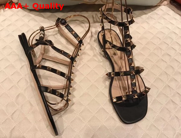 Valentino Rockstud Sandal in Black Calfskin Leather with Gold Hardware Replica