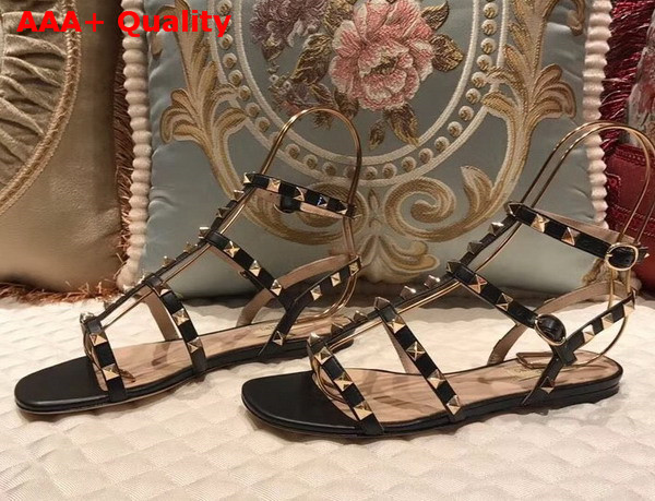 Valentino Rockstud Sandal in Black Calfskin Leather with Gold Hardware Replica