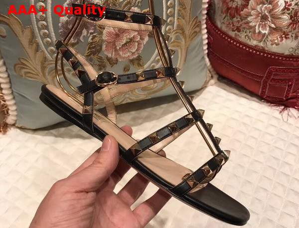 Valentino Rockstud Sandal in Black Calfskin Leather with Gold Hardware Replica