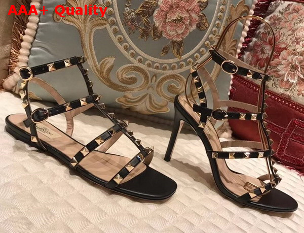 Valentino Rockstud Sandal in Black Calfskin Leather with Gold Hardware Replica