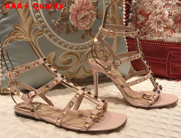 Valentino Rockstud Sandal in Pink Calfskin Leather with Gold Hardware Replica