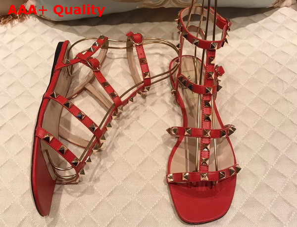 Valentino Rockstud Sandal in Red Calfskin Leather with Gold Hardware Replica