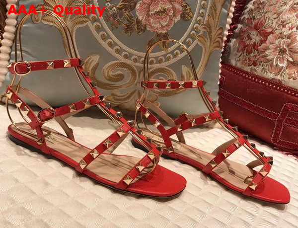 Valentino Rockstud Sandal in Red Calfskin Leather with Gold Hardware Replica