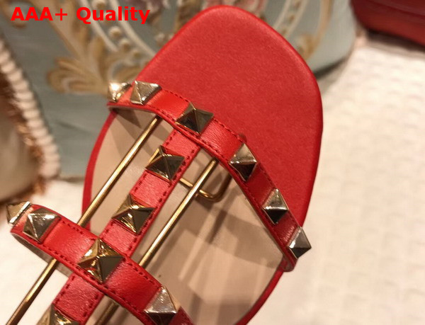 Valentino Rockstud Sandal in Red Calfskin Leather with Gold Hardware Replica