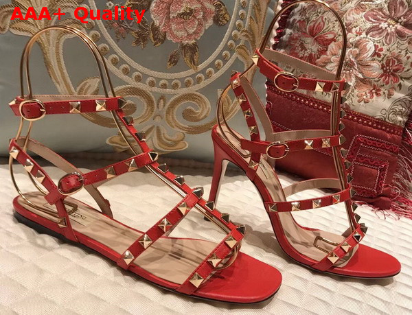 Valentino Rockstud Sandal in Red Calfskin Leather with Gold Hardware Replica