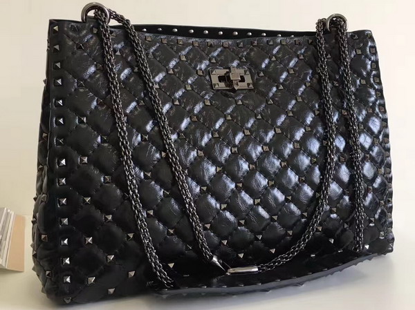 Valentino Rockstud Spike Tote in Black Glossy Lambskin with Gun Metal For Sale