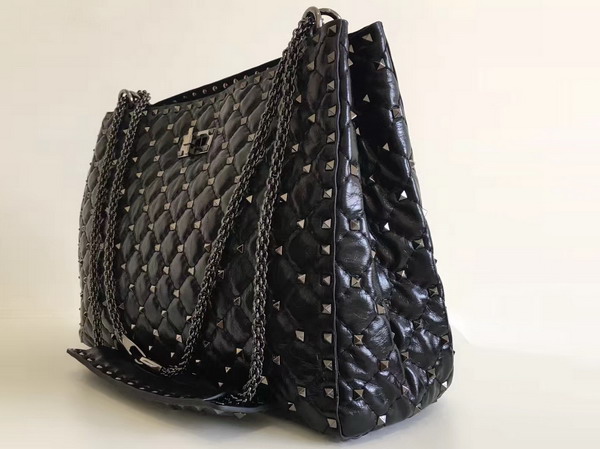 Valentino Rockstud Spike Tote in Black Glossy Lambskin with Gun Metal For Sale