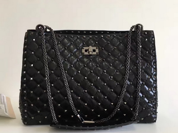 Valentino Rockstud Spike Tote in Black Glossy Lambskin with Gun Metal For Sale