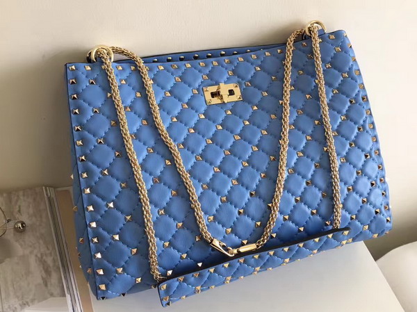 Valentino Rockstud Spike Tote in Blue Lambskin with Gold Metal For Sale