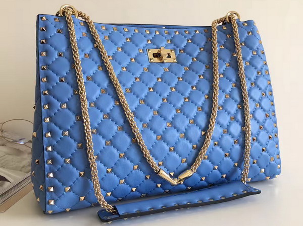 Valentino Rockstud Spike Tote in Blue Lambskin with Gold Metal For Sale