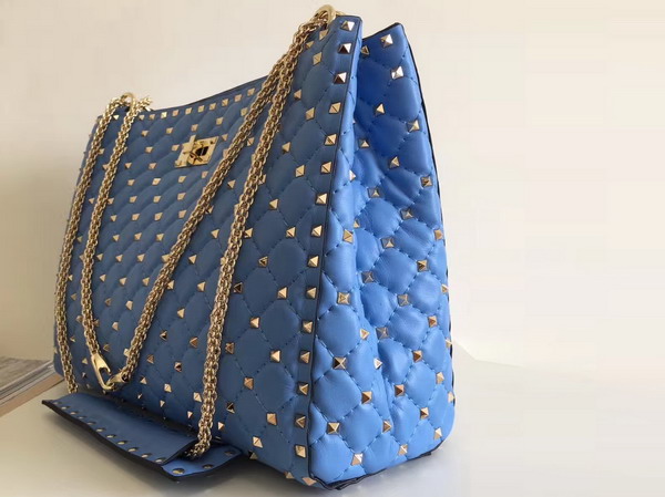 Valentino Rockstud Spike Tote in Blue Lambskin with Gold Metal For Sale