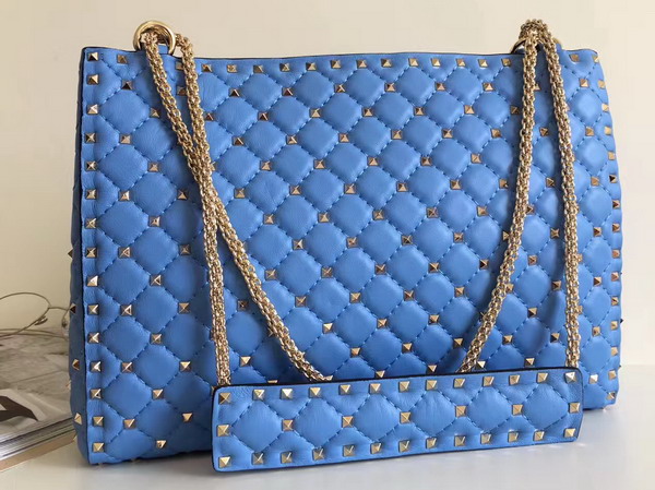 Valentino Rockstud Spike Tote in Blue Lambskin with Gold Metal For Sale