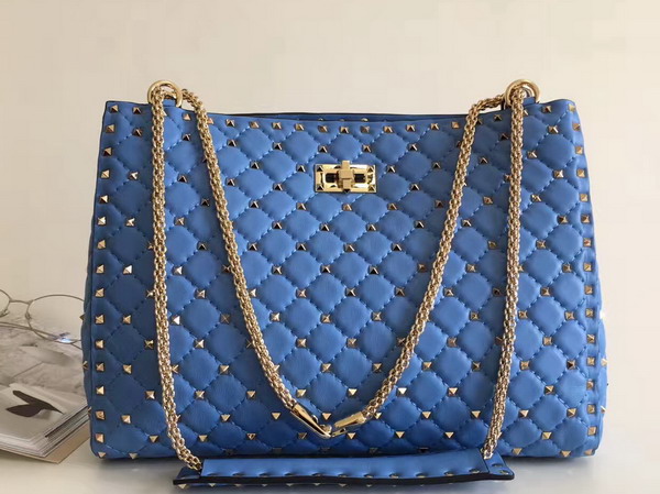 Valentino Rockstud Spike Tote in Blue Lambskin with Gold Metal For Sale