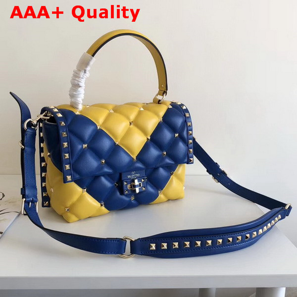 Valentino Rockstud Top Handle Bag in Blue and Yellow Soft Lambskin Leather Replica