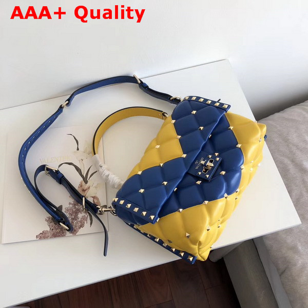 Valentino Rockstud Top Handle Bag in Blue and Yellow Soft Lambskin Leather Replica