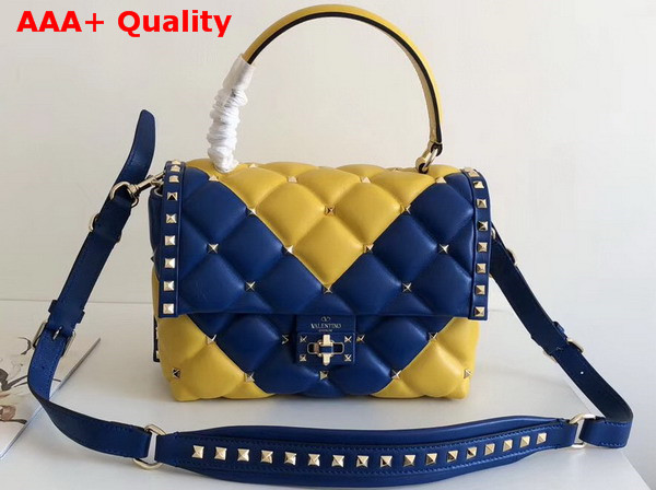 Valentino Rockstud Top Handle Bag in Blue and Yellow Soft Lambskin Leather Replica