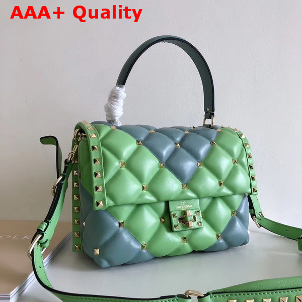 Valentino Rockstud Top Handle Bag in Green and Light Blue Soft Lambskin Leather Replica