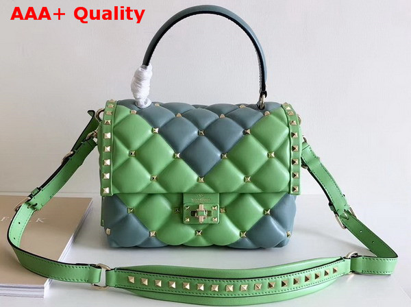 Valentino Rockstud Top Handle Bag in Green and Light Blue Soft Lambskin Leather Replica