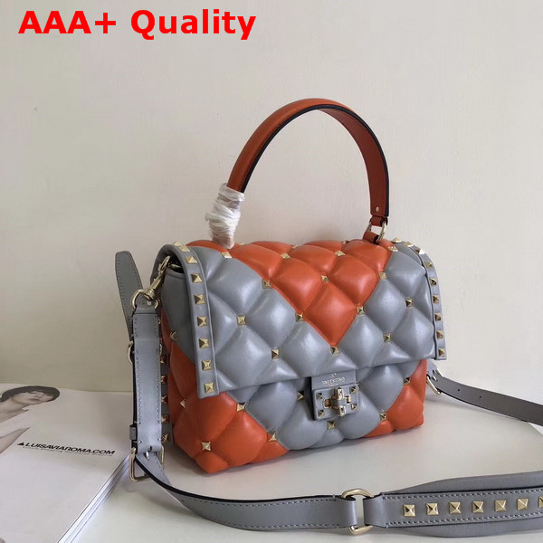 Valentino Rockstud Top Handle Bag in Grey and Orange Soft Lambskin Leather Replica