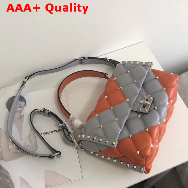 Valentino Rockstud Top Handle Bag in Grey and Orange Soft Lambskin Leather Replica