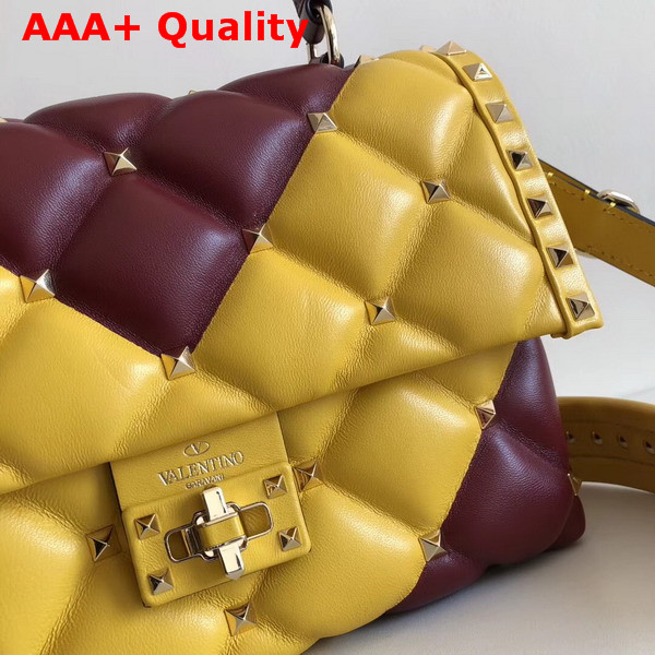 Valentino Rockstud Top Handle Bag in Yellow and Burgundy Soft Lambskin Leather Replica