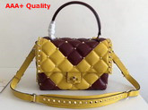 Valentino Rockstud Top Handle Bag in Yellow and Burgundy Soft Lambskin Leather Replica