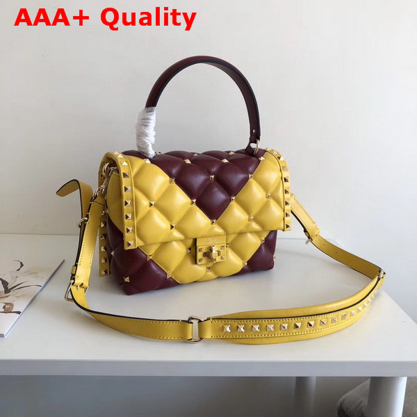 Valentino Rockstud Top Handle Bag in Yellow and Burgundy Soft Lambskin Leather Replica