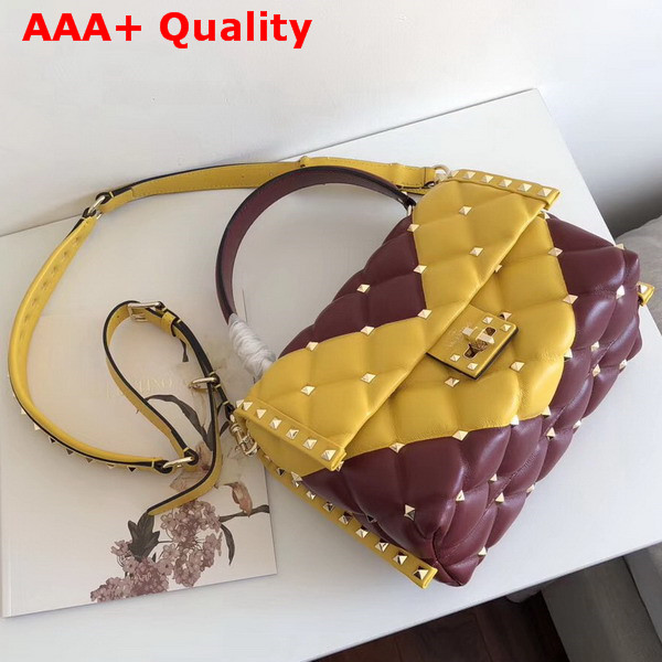 Valentino Rockstud Top Handle Bag in Yellow and Burgundy Soft Lambskin Leather Replica