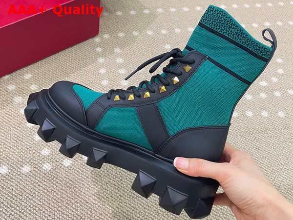 Valentino Roman Stud Boot in Black Calfskin and Green Stretch Knit Replica