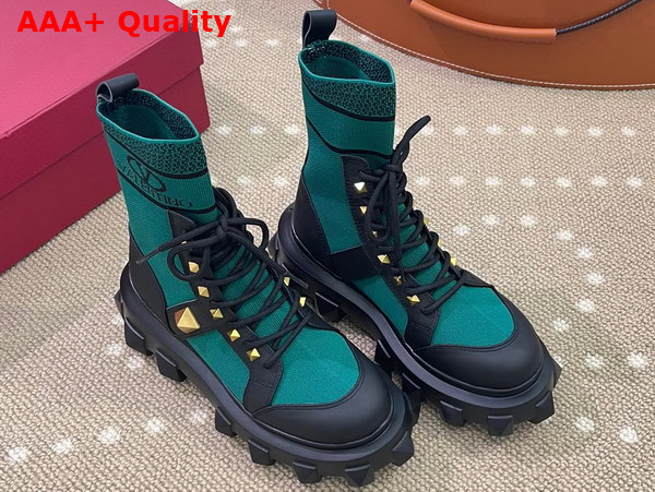 Valentino Roman Stud Boot in Black Calfskin and Green Stretch Knit Replica