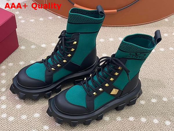 Valentino Roman Stud Boot in Black Calfskin and Green Stretch Knit Replica