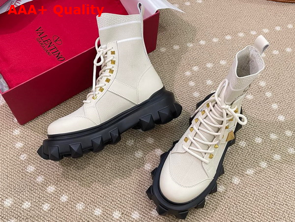 Valentino Roman Stud Boot in White Calfskin and Stretch Knit Replica