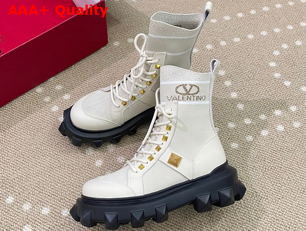 Valentino Roman Stud Boot in White Calfskin and Stretch Knit Replica