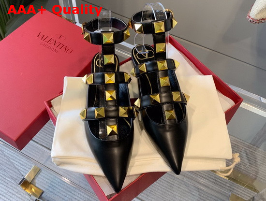 Valentino Roman Stud Flat Sandal in Black Calfskin Replica