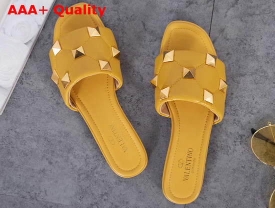 Valentino Roman Stud Slide Sandal in Yellow Quilted Nappa Leather Replica