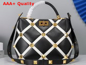 Valentino Roman Stud The Handle Bag in Nappa with Grid Detailing Black and Ivory Replica