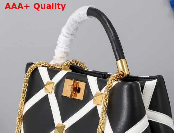 Valentino Roman Stud The Handle Bag in Nappa with Grid Detailing Black and Ivory Replica