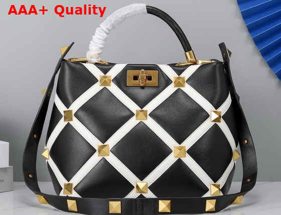 Valentino Roman Stud The Handle Bag in Nappa with Grid Detailing Black and Ivory Replica