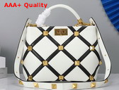 Valentino Roman Stud The Handle Bag in Nappa with Grid Detailing Ivory and Black Replica