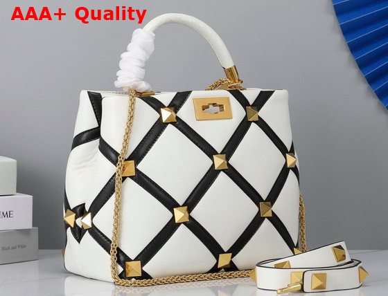 Valentino Roman Stud The Handle Bag in Nappa with Grid Detailing Ivory and Black Replica