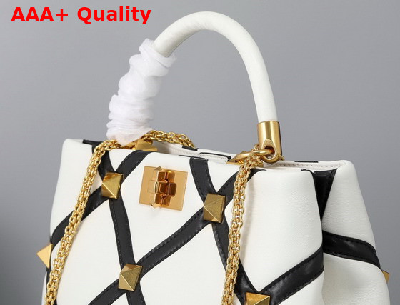 Valentino Roman Stud The Handle Bag in Nappa with Grid Detailing Ivory and Black Replica