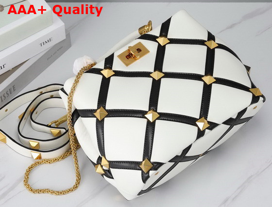 Valentino Roman Stud The Handle Bag in Nappa with Grid Detailing Ivory and Black Replica