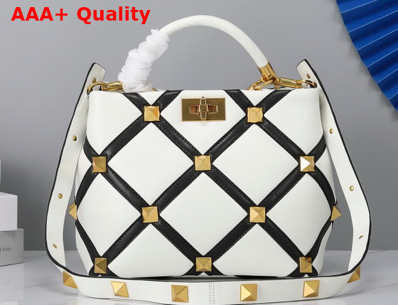 Valentino Roman Stud The Handle Bag in Nappa with Grid Detailing Ivory and Black Replica