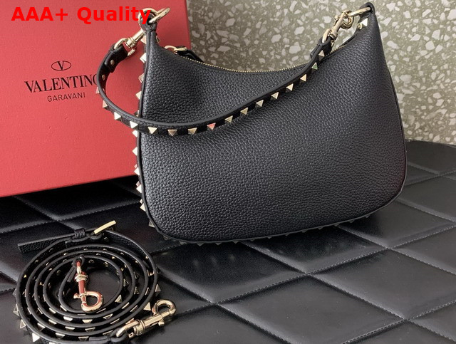 Valentino Small Rockstud Hobo Bag in Black Grainy Calfskin Replica