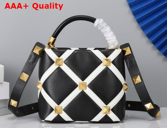 Valentino Small Roman Stud The Handle Bag in Nappa with Grid Detailing Black and Ivory Replica