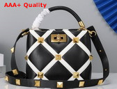 Valentino Small Roman Stud The Handle Bag in Nappa with Grid Detailing Black and Ivory Replica