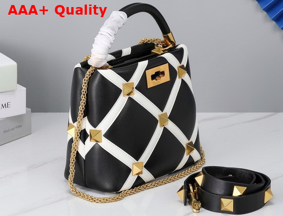 Valentino Small Roman Stud The Handle Bag in Nappa with Grid Detailing Black and Ivory Replica